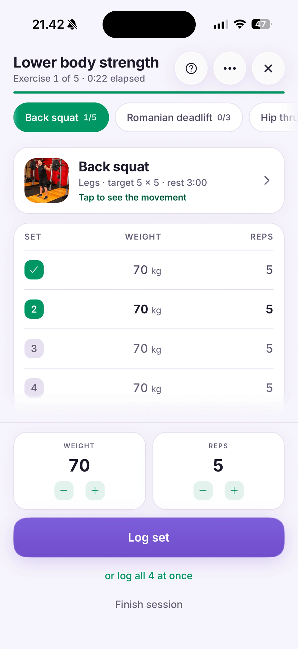 Lunia workout logger with sets, reps and weights