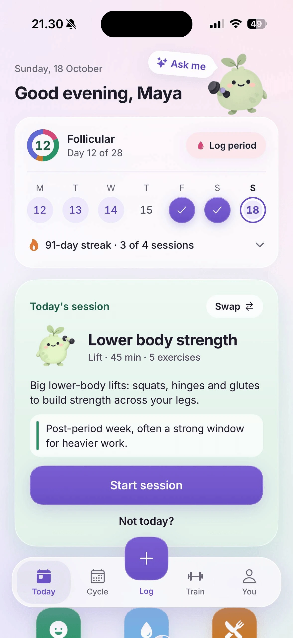 Lunia Today with an estimated cycle phase and a suggested session