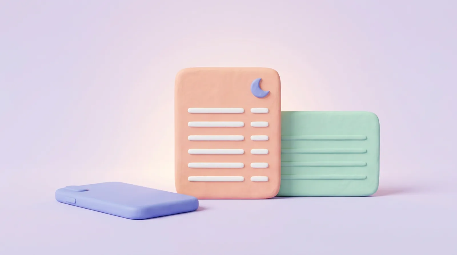 A checklist card, a phone with blank rows, and a symptoms card for tracking sleep and cycle patterns.