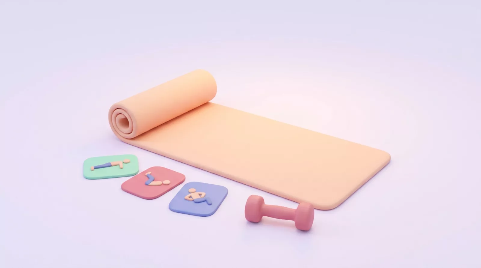 A workout mat with exercise cards and a dumbbell showing different core exercise options.
