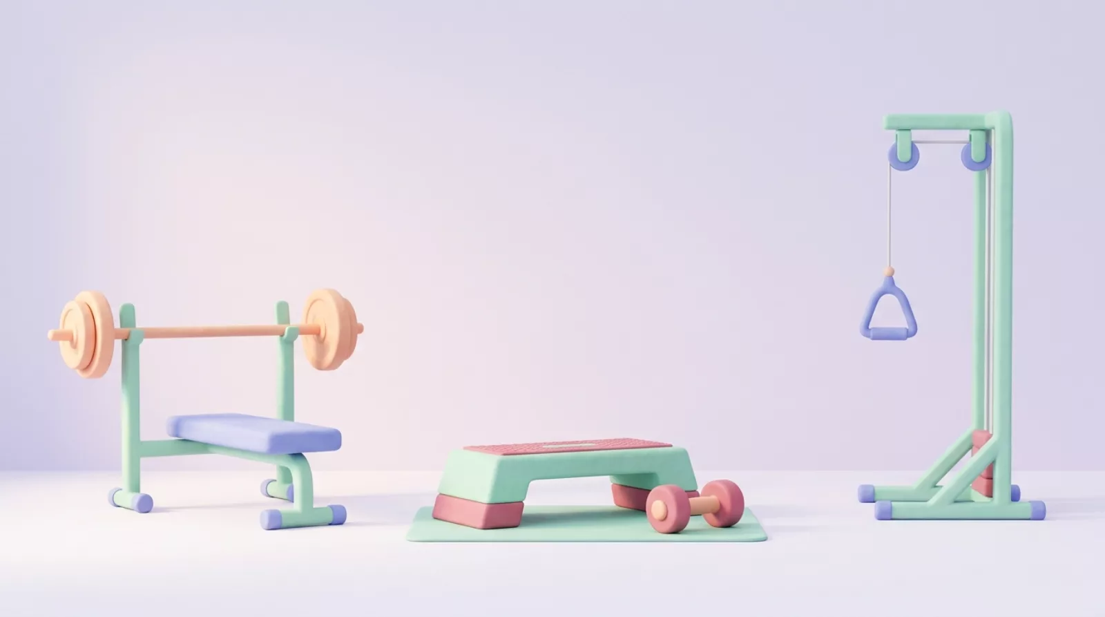 Three gym stations showing a hip thrust setup, a step-up, and a cable exercise setup.