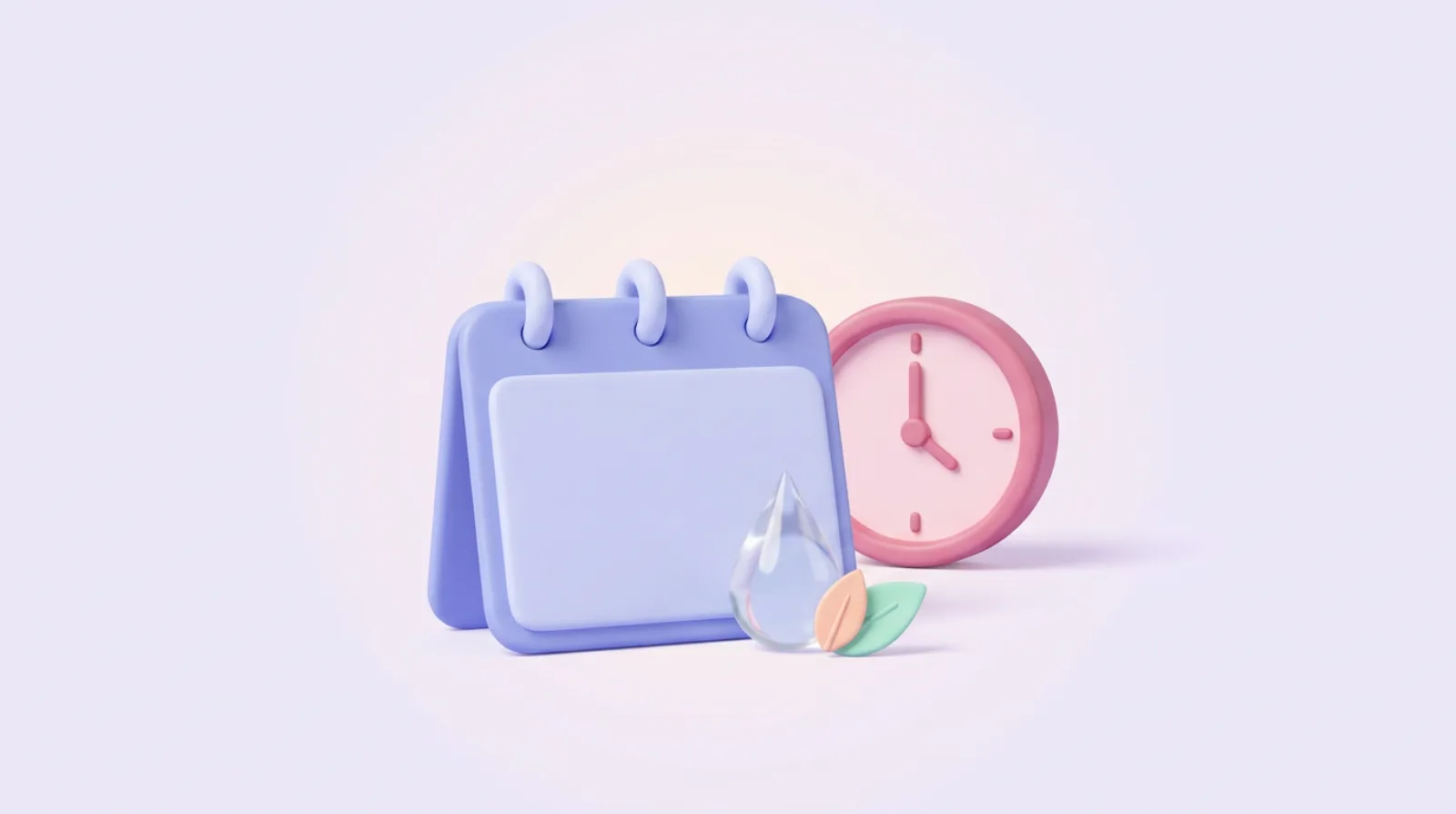 A soft clay calendar with a water drop, leaf, and clock arranged around it.