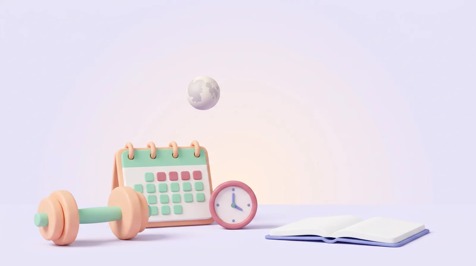 A soft clay dumbbell, calendar, moon, clock, and notebook arranged to show cycle-aware training.