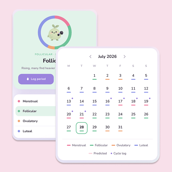 Lunia's cycle calendar with flow, symptoms and notes