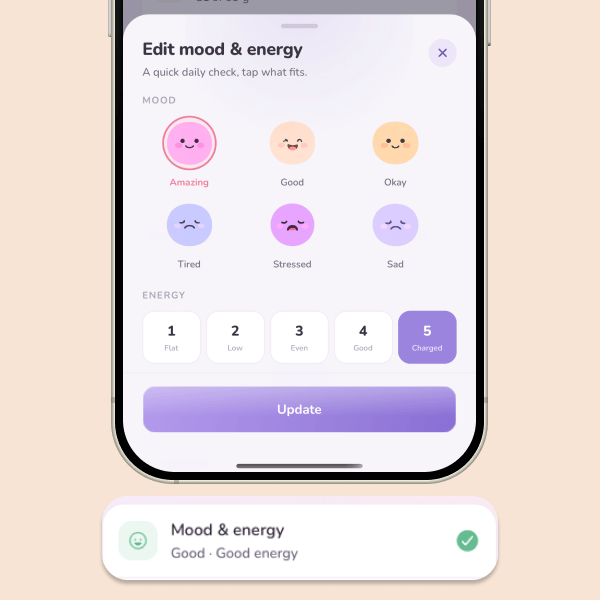 Lunia's daily check-in for mood, energy and fuel