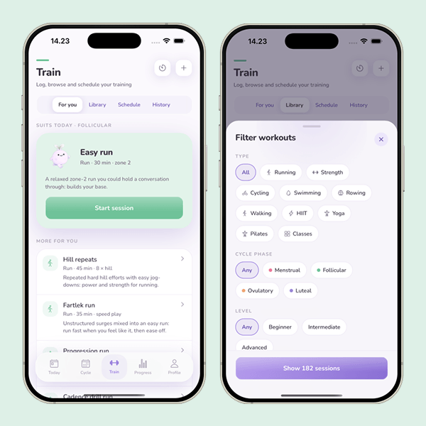 Lunia's Train tab: phase-matched session suggestions, and a workout library you can filter by activity and cycle phase