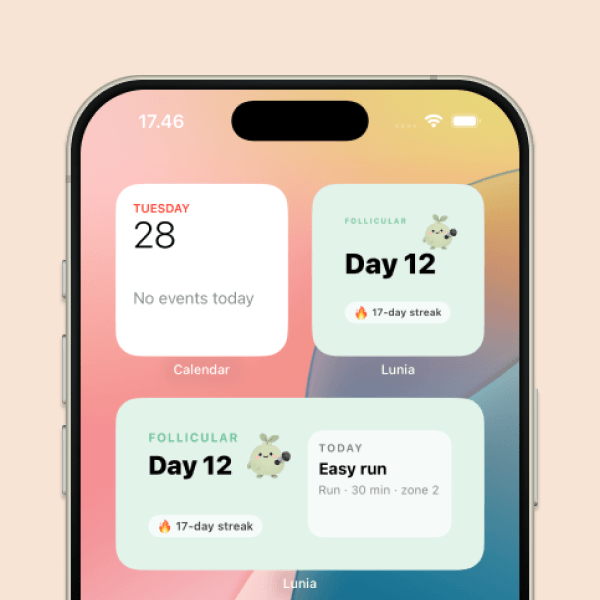 Lunia home-screen widgets showing cycle phase and streak